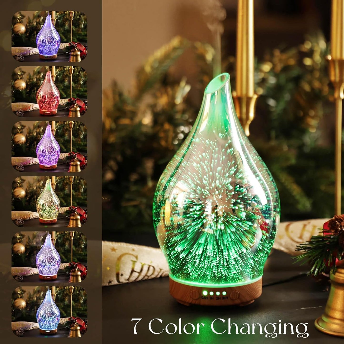 Essential Oil Diffuser 3D Glass Aromatherapy Ultrasonic Humidifier, Air Refresh Auto Shut-Off, Timer Setting, BPA Free for Home Hotel Yoga Leisure SPA Gift 100Ml Last 4H