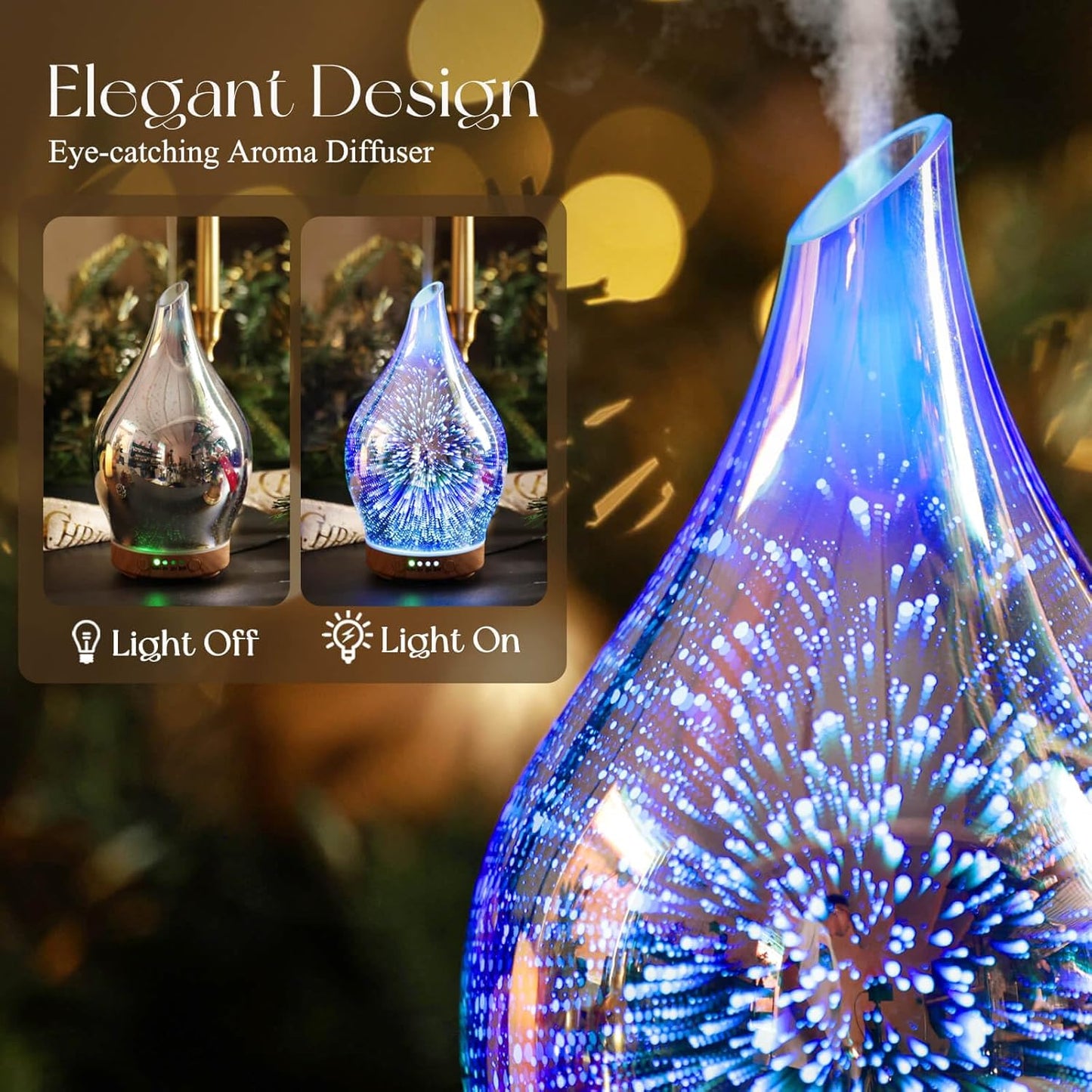 Essential Oil Diffuser 3D Glass Aromatherapy Ultrasonic Humidifier, Air Refresh Auto Shut-Off, Timer Setting, BPA Free for Home Hotel Yoga Leisure SPA Gift 100Ml Last 4H