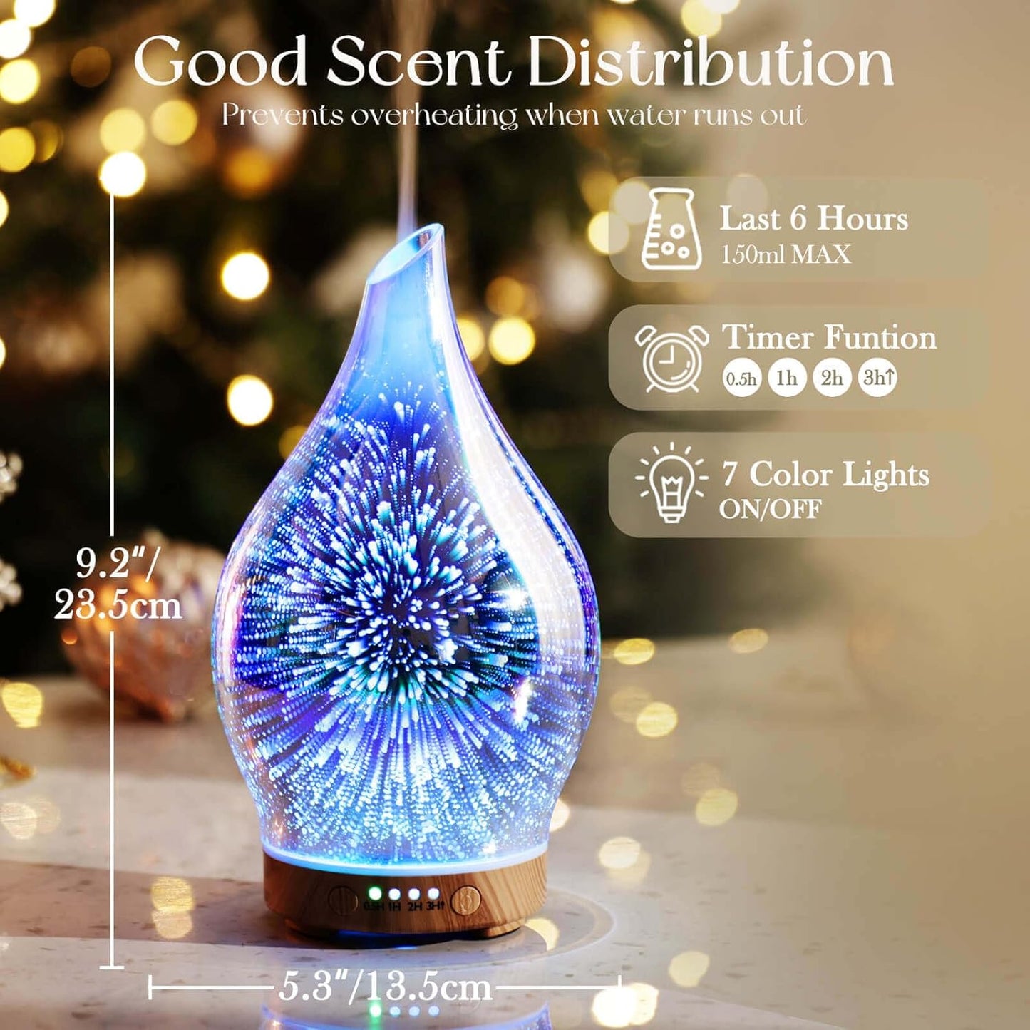 Essential Oil Diffuser 3D Glass Aromatherapy Ultrasonic Humidifier, Air Refresh Auto Shut-Off, Timer Setting, BPA Free for Home Hotel Yoga Leisure SPA Gift 100Ml Last 4H